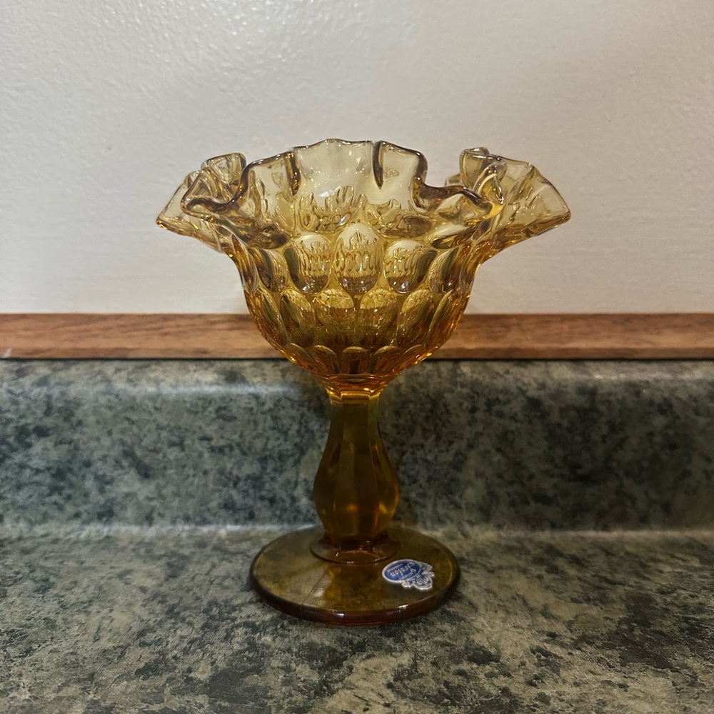 Fenton Amber Hobnail Ruffled Compote